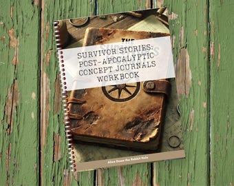 May include: A brown leather-bound journal with a metal clasp and a wheel design on the cover. The journal is titled "Survivor Stories: Post-Apocalyptic Concept Journals Workbook" and is by Alice Down the Rabbit Hole.