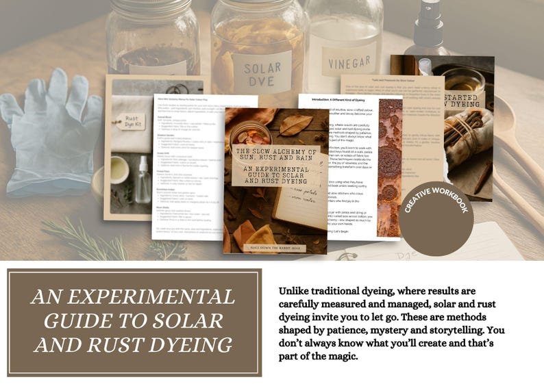 May include: A collection of printed instructional pages and a workbook titled The Slow Alchemy of Sun, Rust and Rain: An Experimental Guide to Solar and Rust Dyeing. The materials feature text, photographs of dyeing processes, and a brown circular badge.