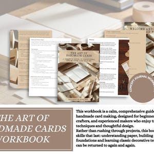 Pu&ograve; includere: Un manuale stampato intitolato The Art of Handmade Cards: A Creative Guide to Traditional and Modern Card Making. Il set include diverse pagine con testo didattico, diagrammi e fotografie, caratterizzato da un badge circolare marrone Concept Journal Workbook.