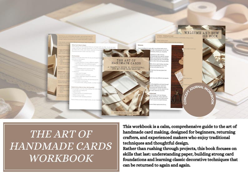 Pu&ograve; includere: Un manuale stampato intitolato The Art of Handmade Cards: A Creative Guide to Traditional and Modern Card Making. Il set include diverse pagine con testo didattico, diagrammi e fotografie, caratterizzato da un badge circolare marrone Concept Journal Workbook.