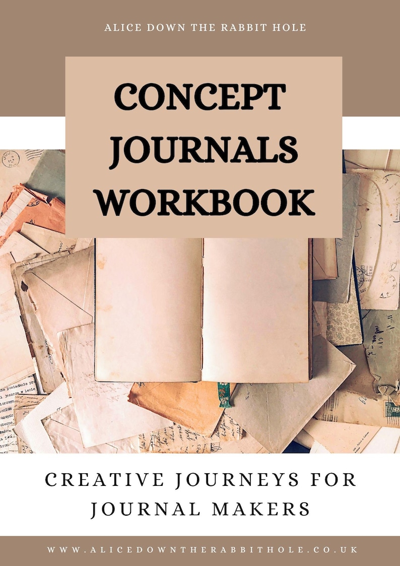 Może przedstawiać: Otwarty dziennik z pustymi stronami spoczywa na stosie starych papier&oacute;w i kopert. Tekst "CONCEPT JOURNALS WORKBOOK" jest wyświetlany pogrubioną czcionką. Poniżej znajduje się tekst "CREATIVE JOURNEYS FOR JOURNAL MAKERS".