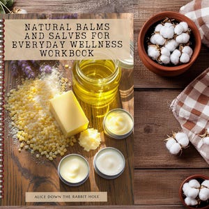 Könnte beinhalten: Ein Arbeitsbuch mit dem Titel "NATURAL BALMS AND SALVES FOR EVERYDAY WELLNESS WORKBOOK" mit Zutaten wie Sheabutter, Ölen und kleinen Gläsern mit Balsam. Baumwollzweige und ein kariertes Tuch sind ebenfalls auf einer Holzoberfläche vorhanden.