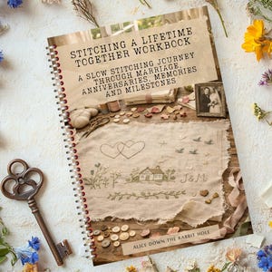 Könnte beinhalten: Ein spiralgebundenes Arbeitsbuch mit dem Titel Stitching a Lifetime Together Workbook, A Slow Stitching Journey Through Marriage, Anniversaries, Memories and Milestones, das ein Cover mit Stickereien, einem alten Foto und Knöpfen zeigt.