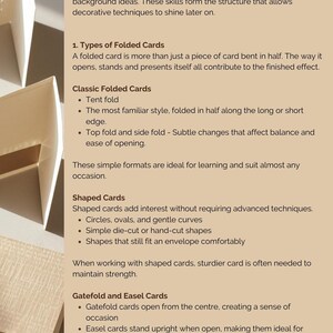 Pu&ograve; includere: Una pagina beige intitolata Types of Folded Cards con testo nero che spiega la costruzione dei biglietti, le pieghe a tenda, i biglietti sagomati, le pieghe a cancello e i biglietti a cavalletto. A sinistra, campioni di carta bianca piegati.