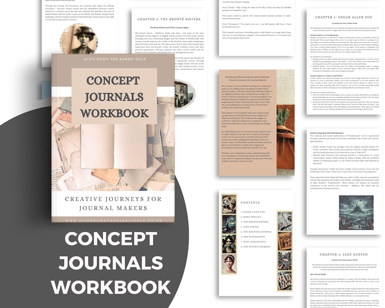 Może przedstawiać: Workbook zatytułowany "Concept Journals Workbook" z tekstem "Creative Journeys for Journal Makers". Okładka w kolorze beżowym z kolażem z papieru w stylu vintage. Widoczne są otwarte i zadrukowane strony.