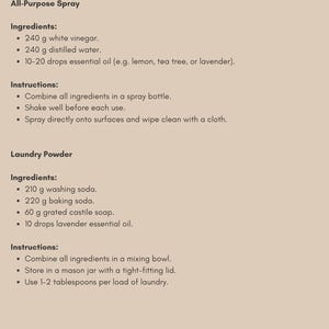 Op de afbeelding: Een printbare gids met instructies voor het maken van all-purpose spray en waspoeder met behulp van natuurlijke ingredi&euml;nten. De ingredi&euml;nten omvatten witte azijn, gedestilleerd water, was soda, baksoda, geraspte castille zeep en etherische oli&euml;n.