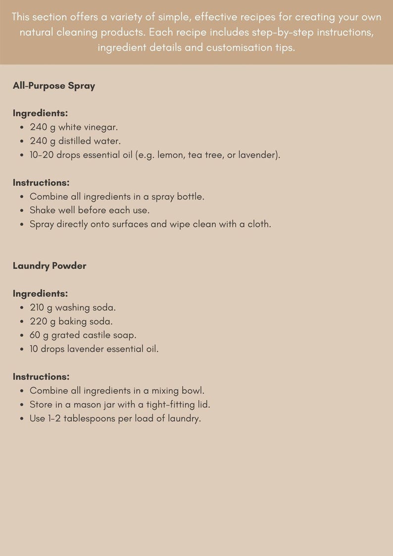 Op de afbeelding: Een printbare gids met instructies voor het maken van all-purpose spray en waspoeder met behulp van natuurlijke ingredi&euml;nten. De ingredi&euml;nten omvatten witte azijn, gedestilleerd water, was soda, baksoda, geraspte castille zeep en etherische oli&euml;n.