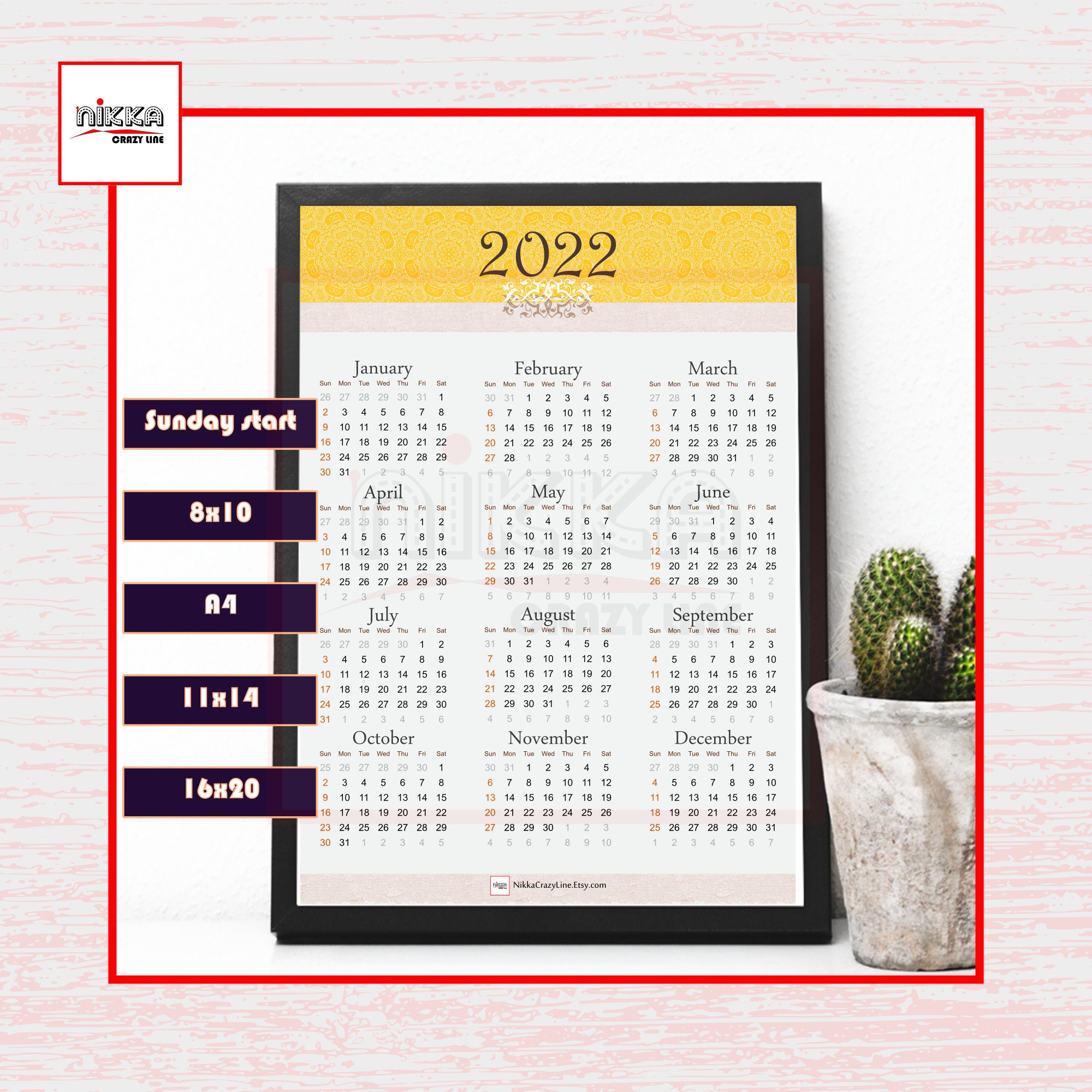 2022 yearly calendar one page calendar all 12 months of 2022 etsy