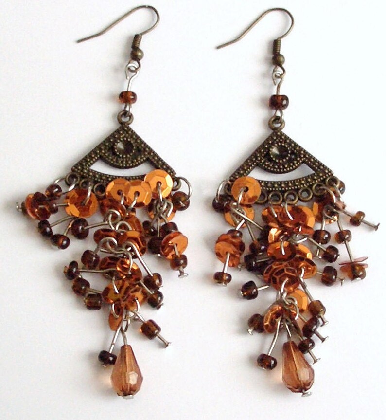 Long earrings boho chic hippie gypsie surfer style Bohemian bronze pendants amber copper brown glass beads