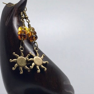 Brass Sun Earrings with Stacked Glass Beads