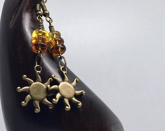 Brass Sun Earrings with Stacked Glass Beads