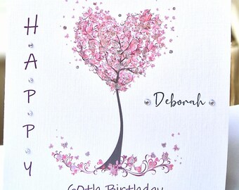Personalised Female Birthday Card: Glitter Heart Tree, Handmade For Friend, Relation, Any Age, Name
