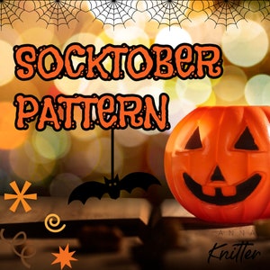 May include: Socktober pattern with a black bat hanging from a string, a jack-o'-lantern, and a blurry background of orange and yellow lights. The text "Socktober Pattern" is in orange and black with white polka dots.