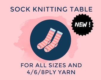 Sock knitting table for all sizes and 4ply/6ply/8ply yarn