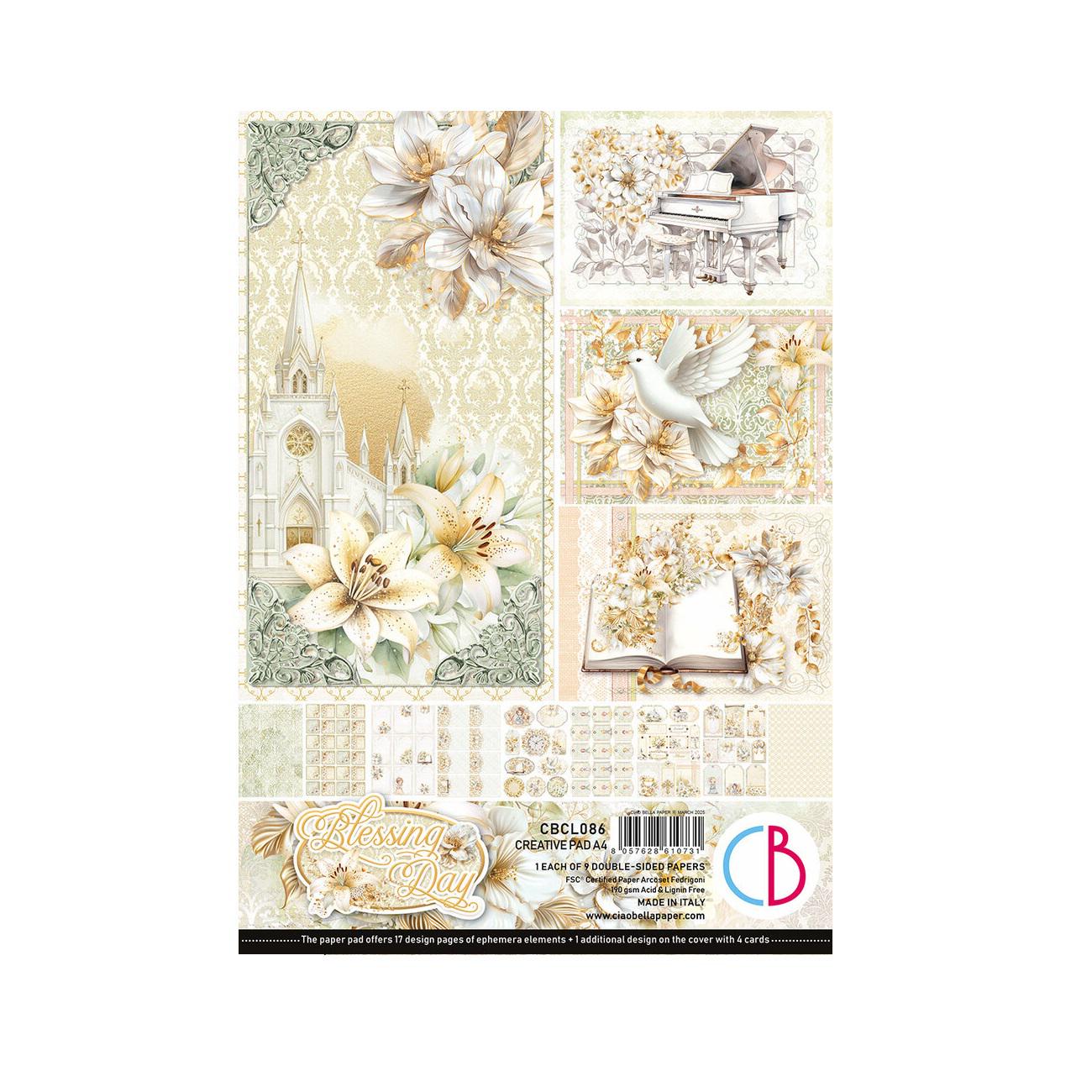 Ciao Bella Blessing Day A4 Scrapbook Paper Pad – 9 Double-Sided Sheets – Religious & Floral Themes for Cardmaking