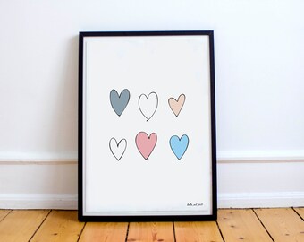 Cute Love Hearts Digital Print, Printable Art Drawing, Graphic Wall Art, Nursery Decor, Kids Princess Room Art, Hand Drawn Poster, A3 A4 Art