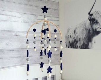 Navy Stars & Dove Grey Baby Mobile, Nursery Mobile, Cot Mobile, Felt Ball Mobile, Crib Mobile, Custom Mobile, Pom Mobile, Baby Shower Boy