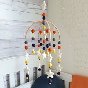 Colorful Nursery Mobile, Bright Baby Mobile, Felt Stars Mobile, Crib Mobile Baby, New Baby Boy Gift, Cot Mobile Nursery, Orange Blue Mobile