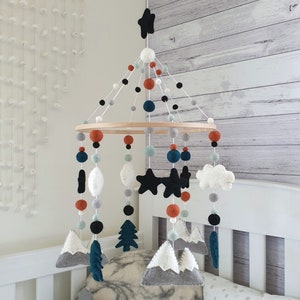 Baby Mobile Mountain, Woodland Nursery Mobile, Forest Felt Mobile, Black White Crib Mobile, Rustic Mobile Nursery, Pregnancy Gift, Baby Gift