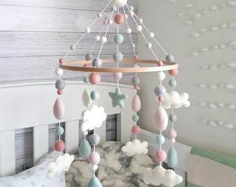 Mint & Pink Cloud Baby Mobile, Cloud Mobile Nursery, Crib Mobile, Felt Nursery Mobile, Cloud and Raindrops Mobile, Girl Mobile, Baby Gift