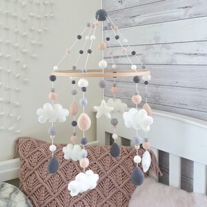 Cloud Baby Mobile, Nursery Mobile Cloud, Pink Grey Cot Mobile, Crib Mobile, Felt Cloud Mobile, Raindrops Mobile, Mobile Bebe, Mobile Nursery