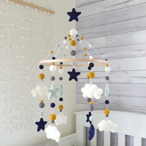 Mobile nuage et étoiles, mobile pour chambre de bébé, mobile pour lit de bébé, mobile nuage en feutre, bleu menthe pour chambre d&#39;enfant, cadeau naissance, mobile pour bébé, mobile pour lit de bébé