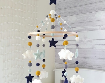 Cloud & Star Baby Mobile, Nursery Mobile, Crib Mobile, Felt Cloud Mobile, Mint Blue Nursery, New Baby Gift, Mobile Baby, Cot Mobile Nursery