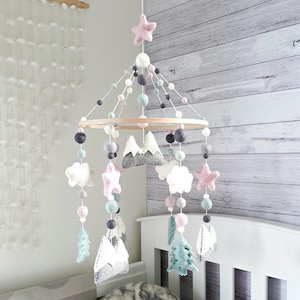 Pink & Mint Baby Mobile, Mountains Nursery Mobile, Woodland Baby Mobile, Crib Mobile, Cloud Mobile, Mountains Cot Mobile, Forest Baby Mobile