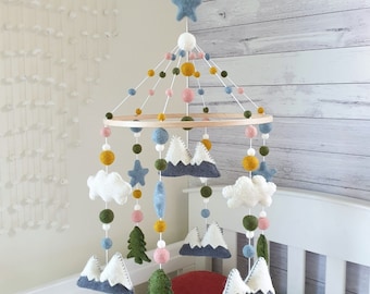 Baby Mobile Woodland, Mountains Nursery Mobile, Forest Baby Mobile, Crib Mobile, Tree Star Mobile, Mountains Cot Mobile, Cloud Baby Mobile