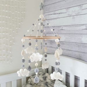 Neutral Cloud Baby Mobile, Nursery Mobile Cloud, Crib Mobile Monochrome, Cot Mobile, Neutral Mobile, Cloud Raindrops Mobile, Baby Boy Mobile
