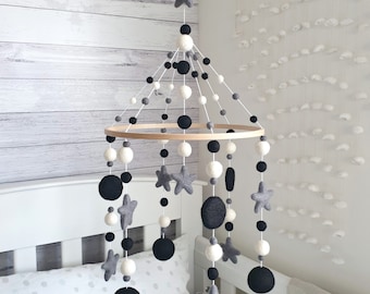 Monochrome Baby Mobile, Nursery Mobile Boy, Black White Mobile, Crib Mobile, Felt Ball Mobile, Star Baby Mobile, Girl Mobile, Nursery Decor