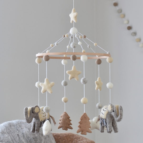 Elephant Nursery Mobile, Wool Felt Animals, Neutral Baby Shower Gift
