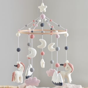 Unicorn Baby Mobile, Nursery Mobile, Cot Mobile, Crib Mobile, Baby Girl Mobile, Felt Ball Mobile, Nursery Decor, Baby Shower, Felt Mobile