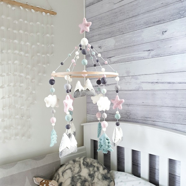 Pink & Mint Baby Mobile, Mountains Nursery Mobile, Woodland Baby Mobile, Crib Mobile, Cloud Mobile, Mountains Cot Mobile, Forest Baby Mobile