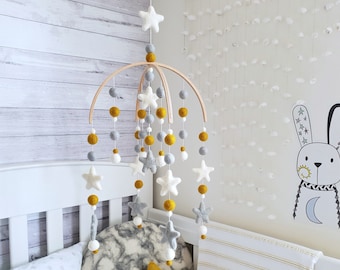 Mustard & Dove Grey Baby Mobile, Nursery Mobile, Cot Baby Mobile, Felt Ball Mobile, Crib Mobile, Mobile for Baby, Pom Mobile, Baby Shower