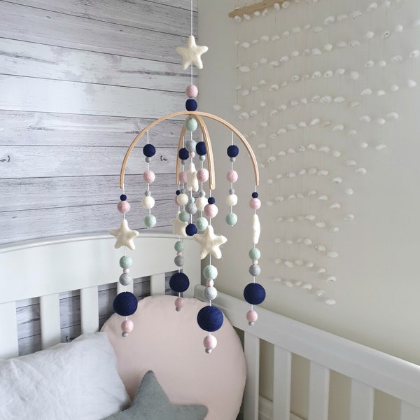 Pink Mint Navy Nursery Mobile, Baby Mobile, Cot Mobile, Crib Mobile, Felt Ball Mobile, Custom Mobile, Pom Pom Mobile, Mobile for Baby Girl