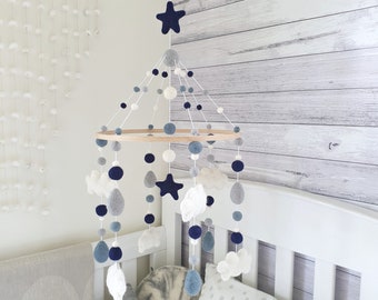 Navy & Grey Baby Mobile Cloud, Nursery Mobile Cloud, Cot Mobile, Crib Mobile, Felt Ball Mobile, Cloud and Raindrops Mobile, Baby Boy Mobile