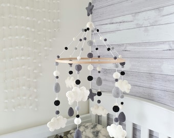 Baby Mobile Cloud, Nursery Mobile Cloud, Cot Mobile Monochrome, Crib Mobile, Felt Ball Mobile, Cloud and Raindrops Mobile, Baby Boy Mobile