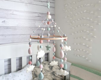 Mint & Pink Baby Mobile Cloud, Nursery Mobile Cloud, Cot Mobile, Crib Mobile, Felt Ball Mobile, Cloud and Raindrops Mobile, Baby Girl Mobile