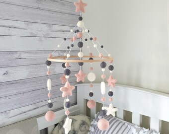 Rose Pink & Grey Baby Mobile, Nursery Mobile Girl, Cot Mobile, Crib Mobile, Felt Ball Mobile, Star Baby Mobile, Girl Mobile, Nursery Decor