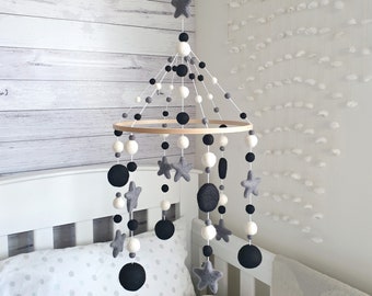 Monochrome Baby Mobile, Nursery Mobile Boy, Black White Mobile, Crib Mobile, Felt Ball Mobile, Star Baby Mobile, Girl Mobile, Nursery Decor