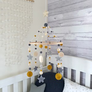 Mustard & Grey Baby Mobile, Star Nursery Mobile, Cot Mobile, Crib Mobile, Felt Ball Mobile, Star Baby Mobile, Mobile Bebe, Nursery Decor