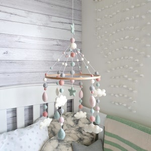 Mint & Pink Baby Mobile Cloud, Nursery Mobile Cloud, Cot Mobile, Crib Mobile, Felt Ball Mobile, Cloud and Raindrops Mobile, Baby Girl Mobile