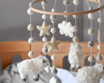 Baby Mobile Neutral Sheep, Nursery Mobile, Farm Cot Mobile, White Crib Mobile, Baby Boy Mobile, Felt Ball Mobile, Felt Mobile Girl Baby