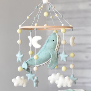 Whale Baby Mobile, Ocean Nursery Mobile, Mint Whale Crib Mobile, Felt Animal Cot Mobile, Whale Mobile for Baby, Felt Whale Cloud Mobile Mint