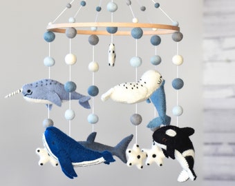 Whale Baby Mobile, Ocean Nursery Mobile, Sea Animal Cot Mobile, Crib Mobile, Narwhal Baby Mobile, Dolphin Felt Ball Mobile, Seal Baby Mobile