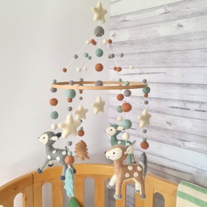 Woodland Deer Nursery Mobile, Forest Deer Baby Mobile, Mint Grey Crib Mobile, Cot Mobile, Neutral Mobile Baby, Felt Ball Mobile, Felt Mobile