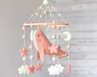 Whale Baby Mobile Pink, Ocean Nursery Mobile, Pink Baby Mobile, Animal Crib Mobile, Whale Mobile for Baby, Felt Ball Mobile, Felt Whale