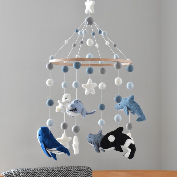 Whale Baby Mobile, Ocean Nursery Mobile, Sea Animal Cot Mobile, Crib Mobile, Narwhal Baby Mobile, Dolphin Felt Ball Mobile, Seal Baby Mobile