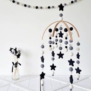 Black White Baby Mobile, Monochrome Nursery Mobile, Crib Mobile, Stars Mobile Nursery, Felt Ball Mobile, Custom Cot Mobile, Pom Pom Mobile